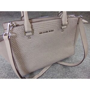Michael Kors Selma Studded Satchel Bag Tan Beige Saffiano Leather Crossbody